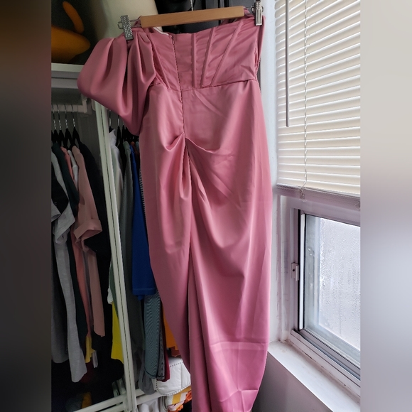 Rouge Satin One Shoulder Draped Bella Barnett Dress - Picture 8 of 8